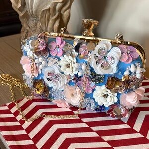 bebe Blue Floral Sequin Embellished Clutch with Gold Chain